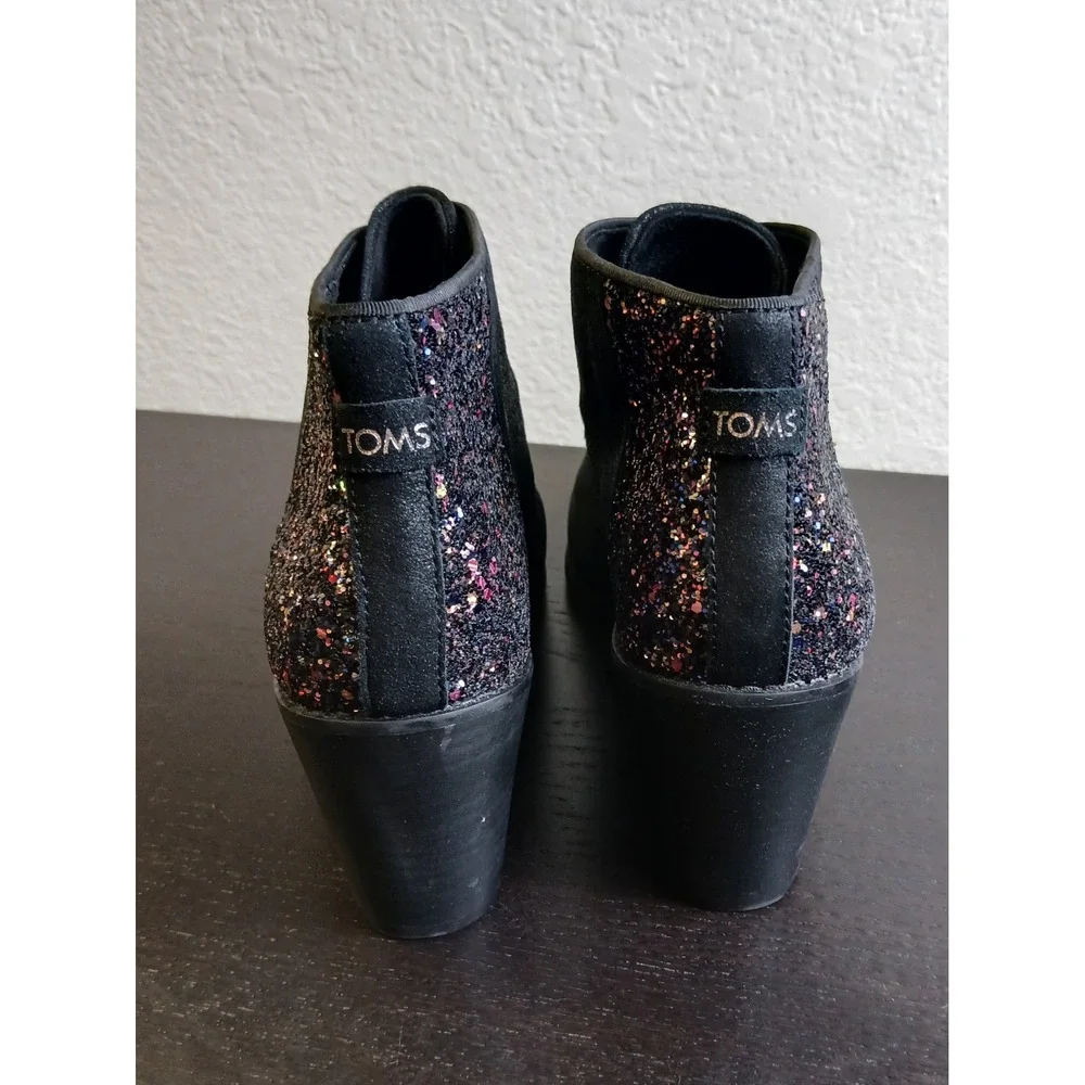 TOMS Kala Black Metallic Multi Glitter Lace Up Wedge Ankle Booties Womens 9